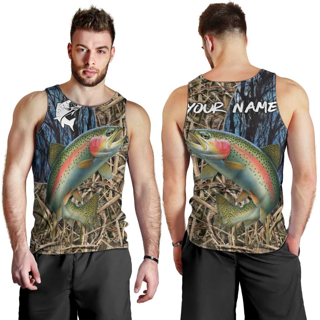 Rainbow Trout Fishing Men Tank Top with Camouflage Reeds and Forest Background in Nature-Inspired Colors - Wonder Print Shop