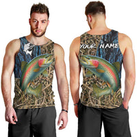 Rainbow Trout Fishing Men Tank Top with Camouflage Reeds and Forest Background in Nature-Inspired Colors - Wonder Print Shop