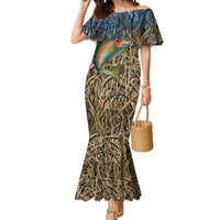 Rainbow Trout Fishing Mermaid Dress with Camouflage Reeds and Forest Background in Nature-Inspired Colors - Wonder Print Shop