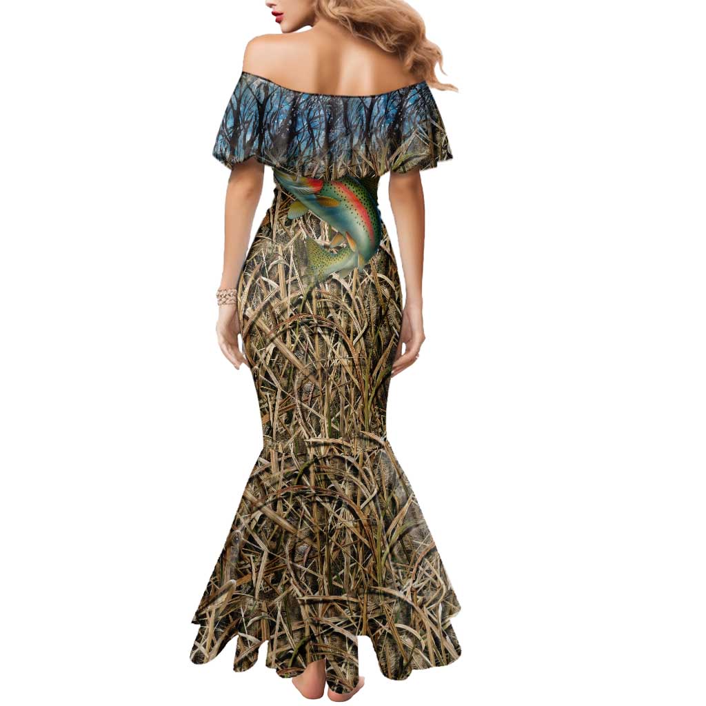 Rainbow Trout Fishing Mermaid Dress with Camouflage Reeds and Forest Background in Nature-Inspired Colors - Wonder Print Shop