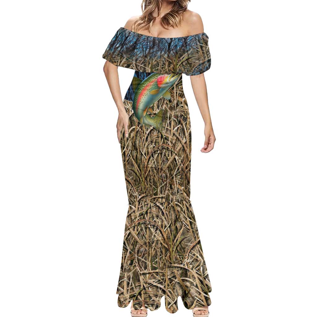 Rainbow Trout Fishing Mermaid Dress with Camouflage Reeds and Forest Background in Nature-Inspired Colors - Wonder Print Shop