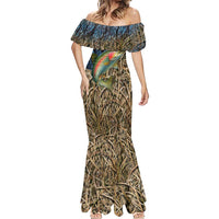 Rainbow Trout Fishing Mermaid Dress with Camouflage Reeds and Forest Background in Nature-Inspired Colors - Wonder Print Shop