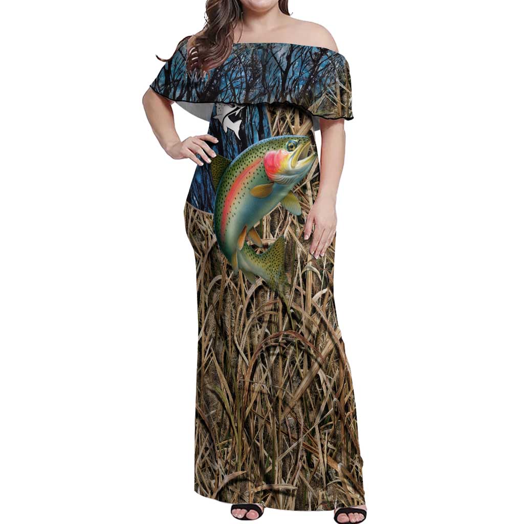 Rainbow Trout Fishing Off Shoulder Maxi Dress with Camouflage Reeds and Forest Background in Nature-Inspired Colors - Wonder Print Shop