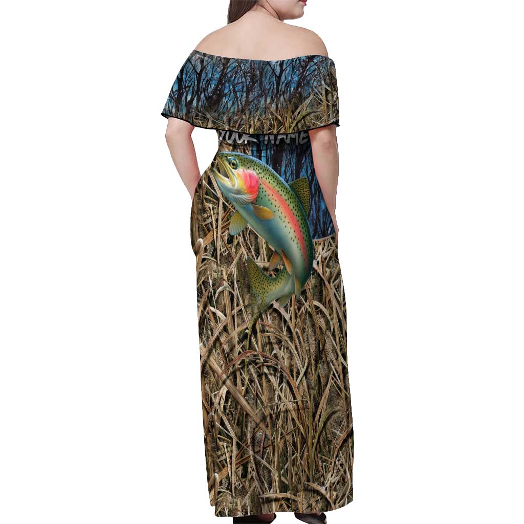 Rainbow Trout Fishing Off Shoulder Maxi Dress with Camouflage Reeds and Forest Background in Nature-Inspired Colors - Wonder Print Shop