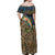 Rainbow Trout Fishing Off Shoulder Maxi Dress with Camouflage Reeds and Forest Background in Nature-Inspired Colors - Wonder Print Shop