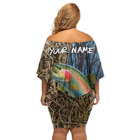 Rainbow Trout Fishing Off Shoulder Short Dress with Camouflage Reeds and Forest Background in Nature-Inspired Colors - Wonder Print Shop
