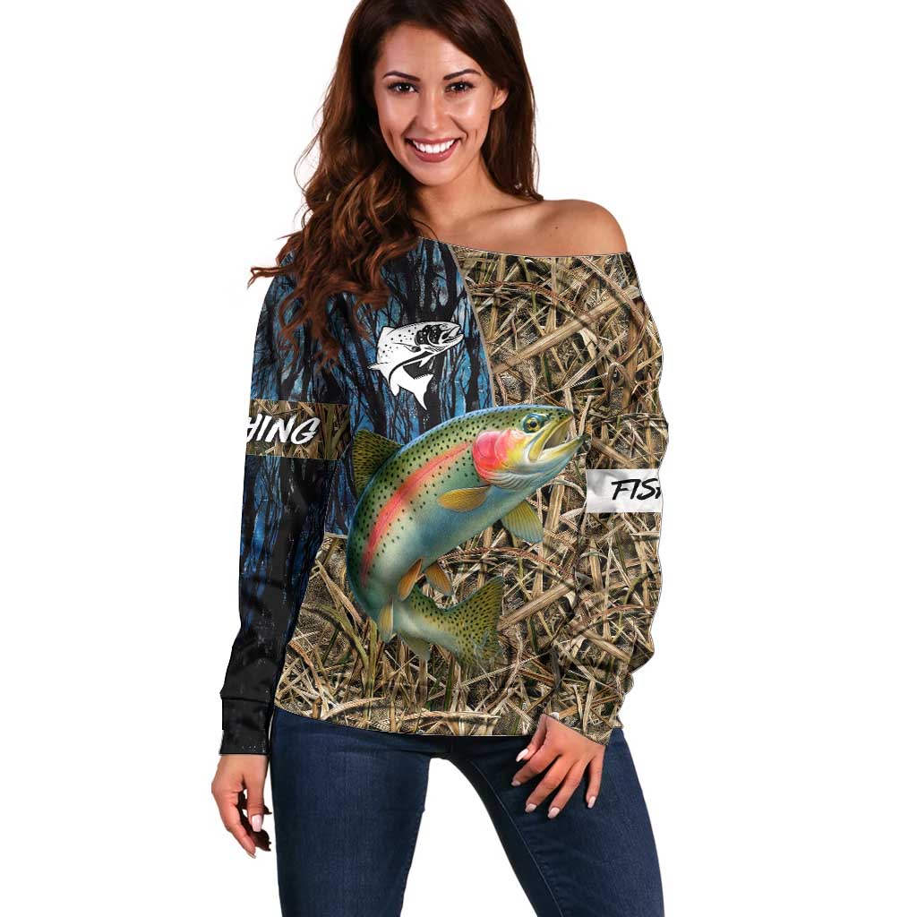 Rainbow Trout Fishing Off Shoulder Sweater with Camouflage Reeds and Forest Background in Nature-Inspired Colors - Wonder Print Shop
