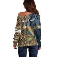 Rainbow Trout Fishing Off Shoulder Sweater with Camouflage Reeds and Forest Background in Nature-Inspired Colors - Wonder Print Shop