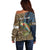 Rainbow Trout Fishing Off Shoulder Sweater with Camouflage Reeds and Forest Background in Nature-Inspired Colors - Wonder Print Shop