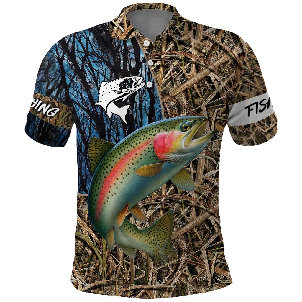 Rainbow Trout Fishing Polo Shirt with Camouflage Reeds and Forest Background in Nature-Inspired Colors - Wonder Print Shop