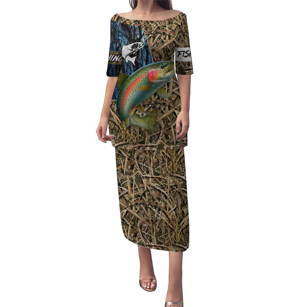 Rainbow Trout Fishing Puletasi with Camouflage Reeds and Forest Background in Nature-Inspired Colors - Wonder Print Shop