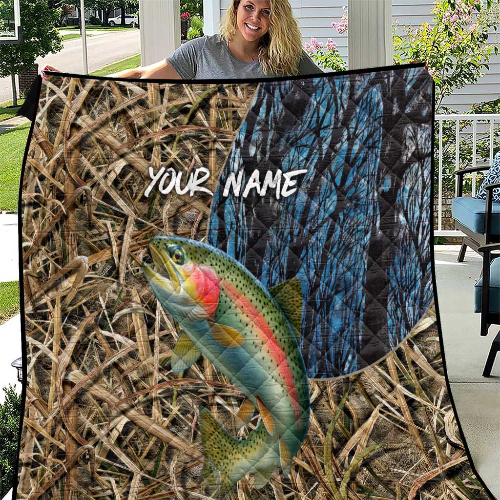 Rainbow Trout Fishing Quilt with Camouflage Reeds and Forest Background in Nature-Inspired Colors - Wonder Print Shop