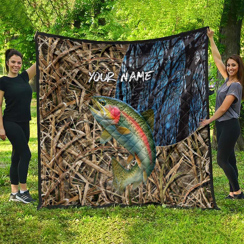 Rainbow Trout Fishing Quilt with Camouflage Reeds and Forest Background in Nature-Inspired Colors - Wonder Print Shop