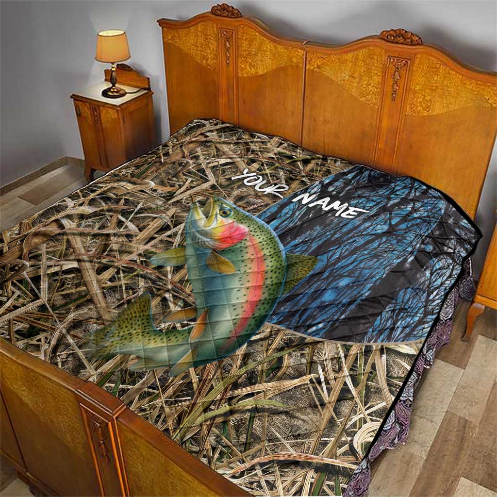 Rainbow Trout Fishing Quilt with Camouflage Reeds and Forest Background in Nature-Inspired Colors - Wonder Print Shop