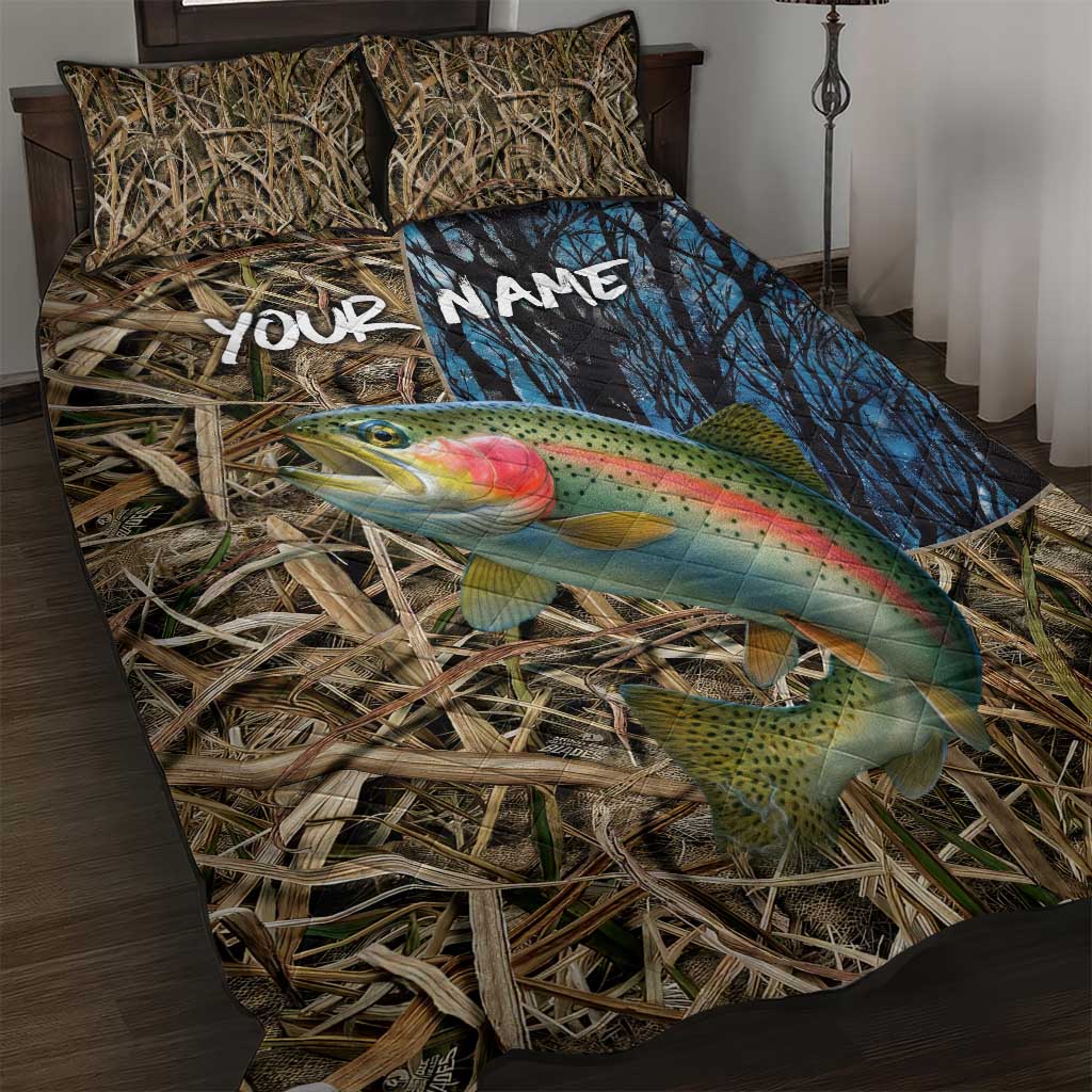 Rainbow Trout Fishing Quilt Bed Set with Camouflage Reeds and Forest Background in Nature-Inspired Colors - Wonder Print Shop