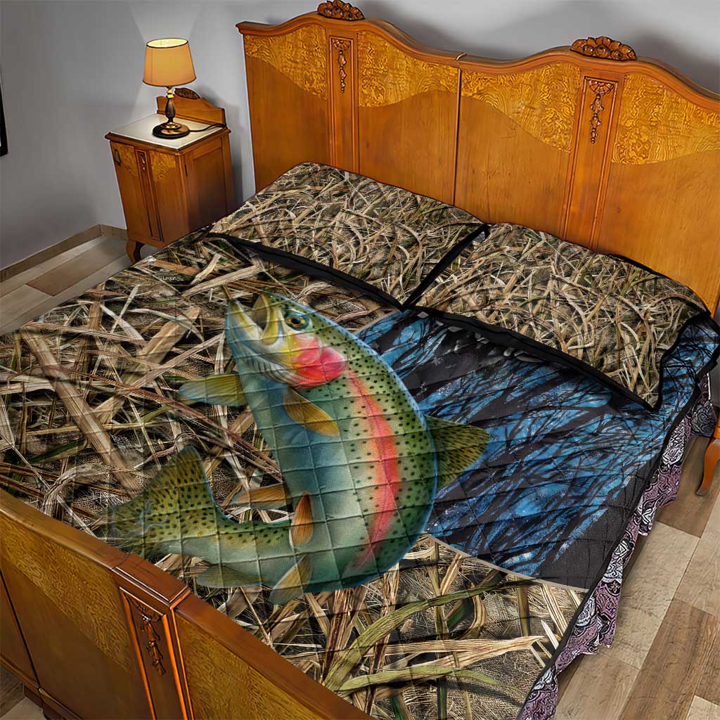 Rainbow Trout Fishing Quilt Bed Set with Camouflage Reeds and Forest Background in Nature-Inspired Colors - Wonder Print Shop