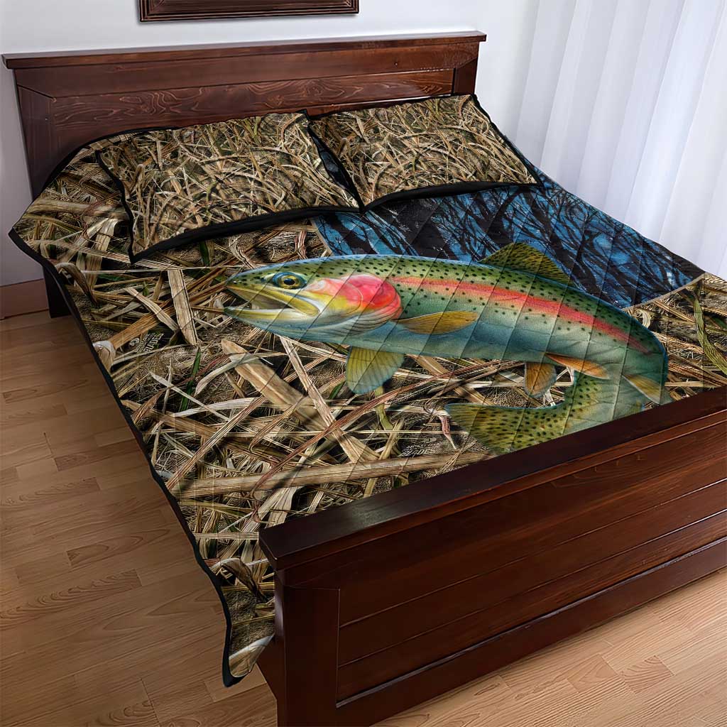 Rainbow Trout Fishing Quilt Bed Set with Camouflage Reeds and Forest Background in Nature-Inspired Colors - Wonder Print Shop