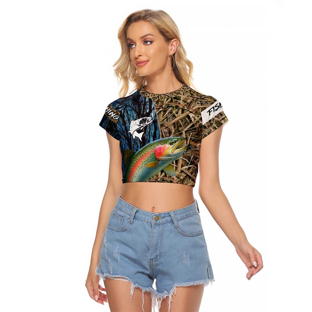 Rainbow Trout Fishing Raglan Cropped T Shirt with Camouflage Reeds and Forest Background in Nature-Inspired Colors - Wonder Print Shop