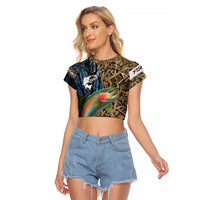 Rainbow Trout Fishing Raglan Cropped T Shirt with Camouflage Reeds and Forest Background in Nature-Inspired Colors - Wonder Print Shop