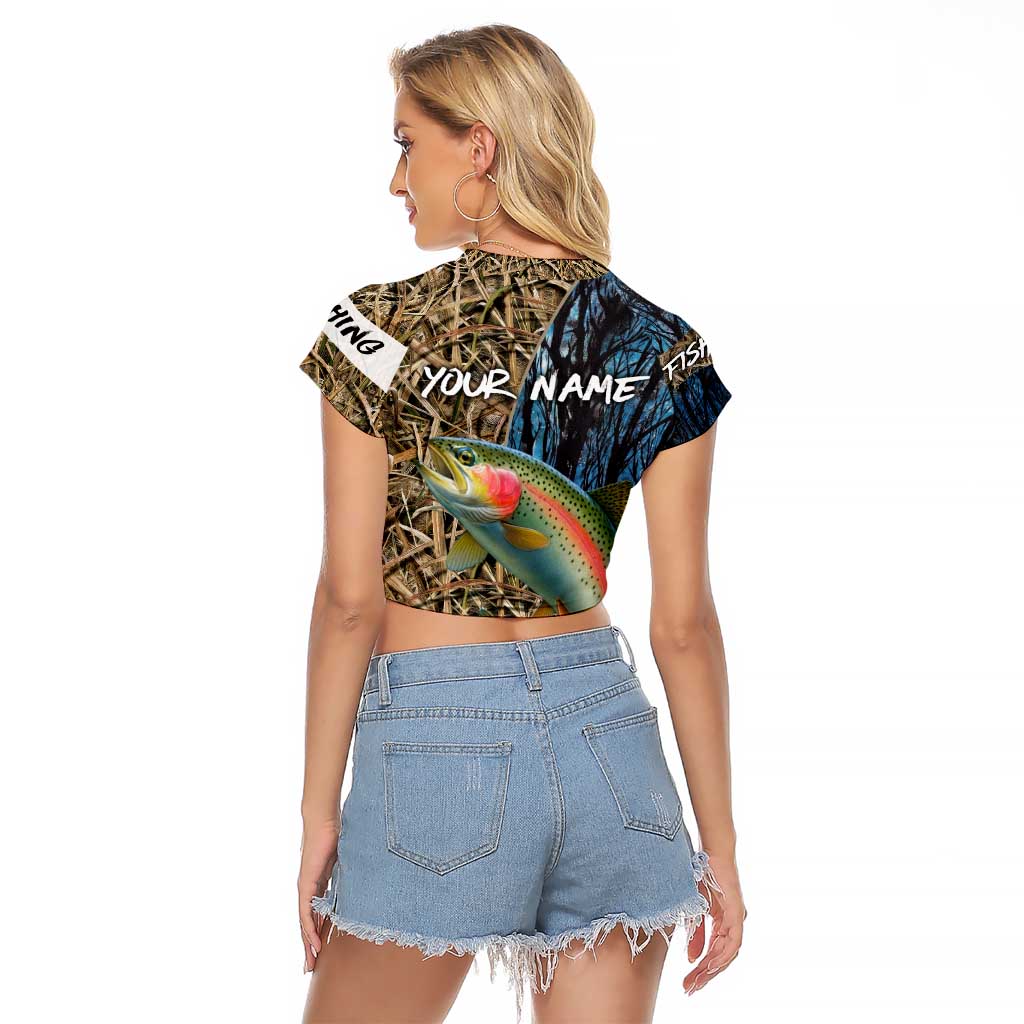 Rainbow Trout Fishing Raglan Cropped T Shirt with Camouflage Reeds and Forest Background in Nature-Inspired Colors - Wonder Print Shop