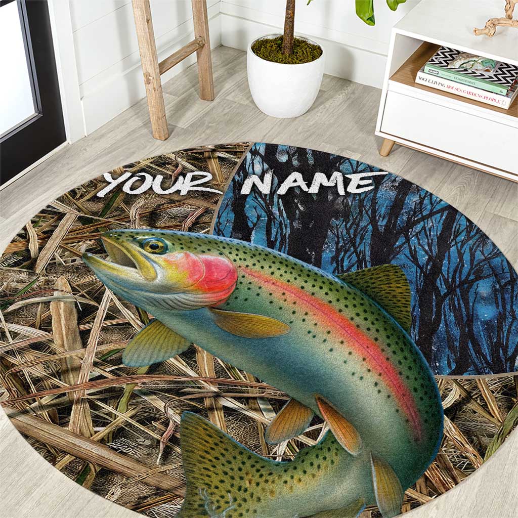 Rainbow Trout Fishing Round Carpet with Camouflage Reeds and Forest Background in Nature-Inspired Colors - Wonder Print Shop