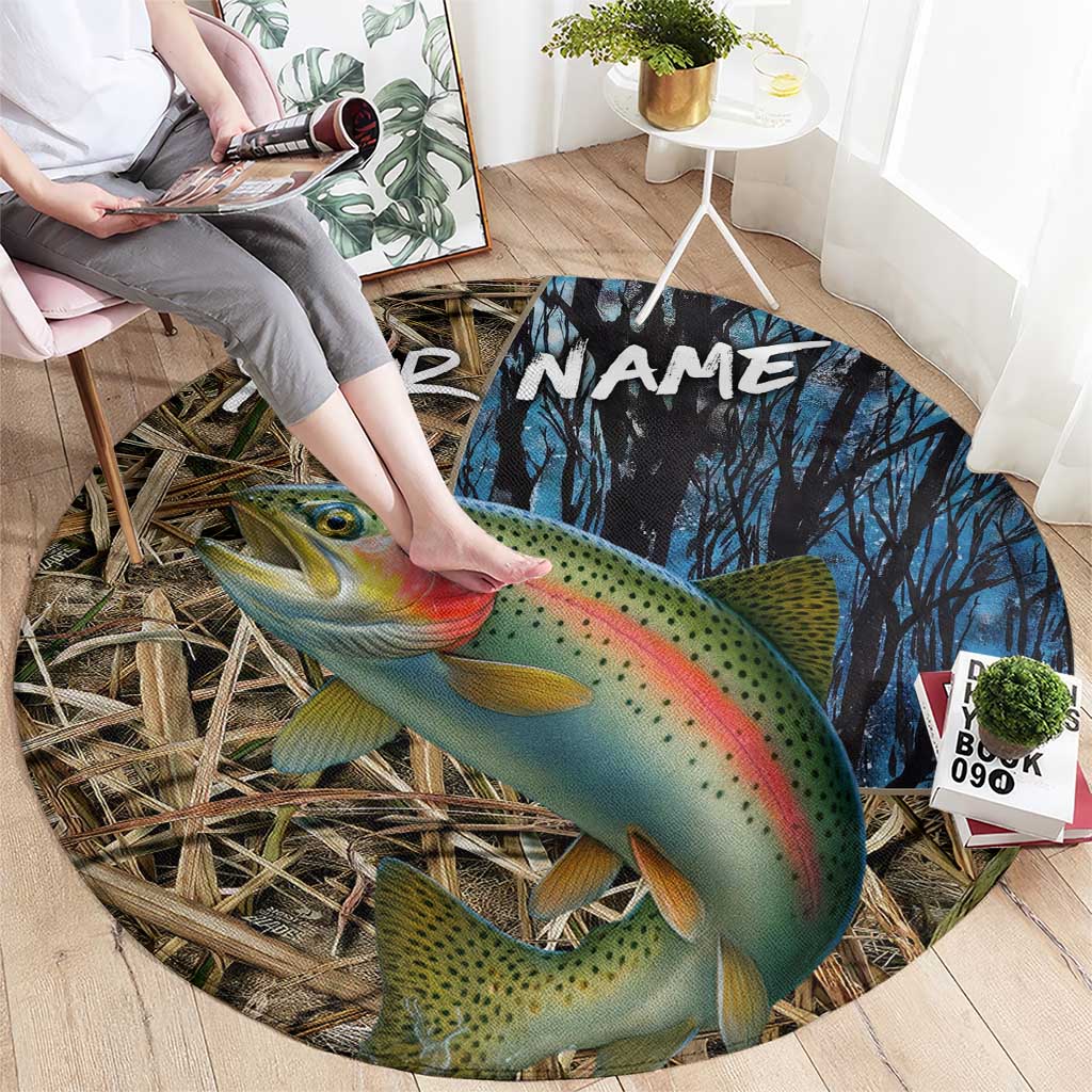 Rainbow Trout Fishing Round Carpet with Camouflage Reeds and Forest Background in Nature-Inspired Colors - Wonder Print Shop
