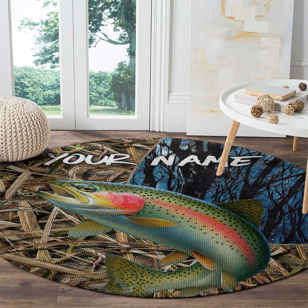 Rainbow Trout Fishing Round Carpet with Camouflage Reeds and Forest Background in Nature-Inspired Colors - Wonder Print Shop