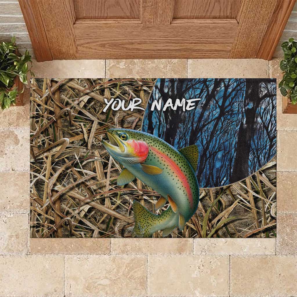 Rainbow Trout Fishing Rubber Doormat with Camouflage Reeds and Forest Background in Nature-Inspired Colors - Wonder Print Shop