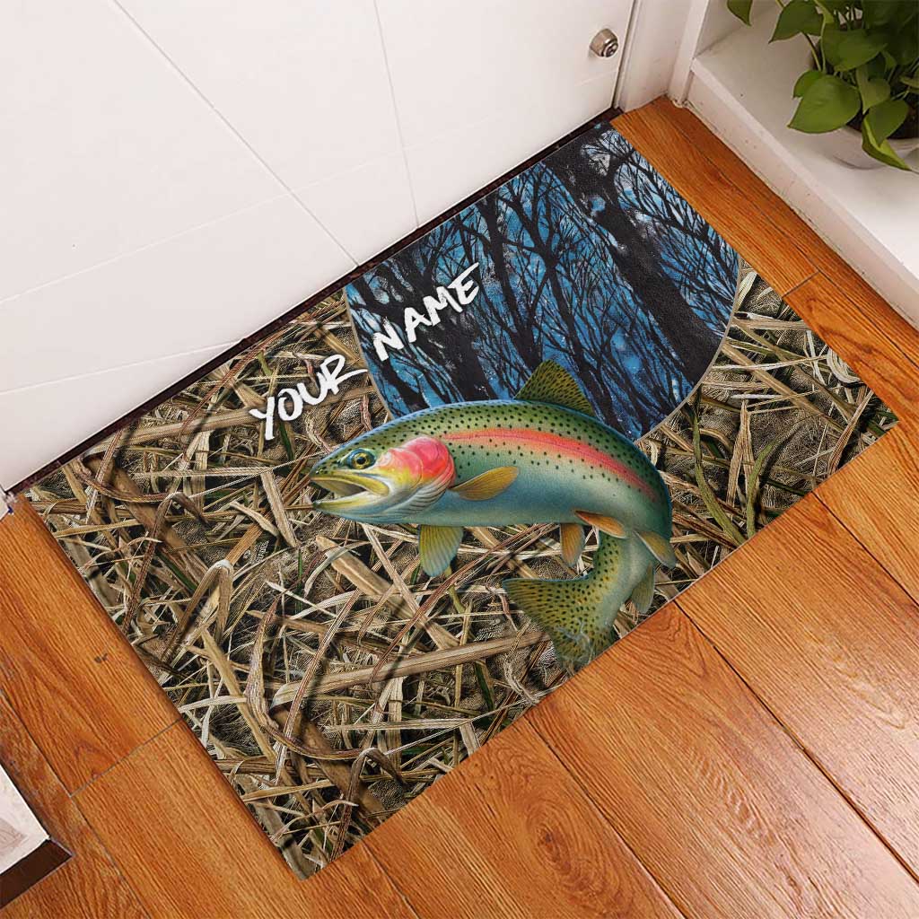 Rainbow Trout Fishing Rubber Doormat with Camouflage Reeds and Forest Background in Nature-Inspired Colors - Wonder Print Shop
