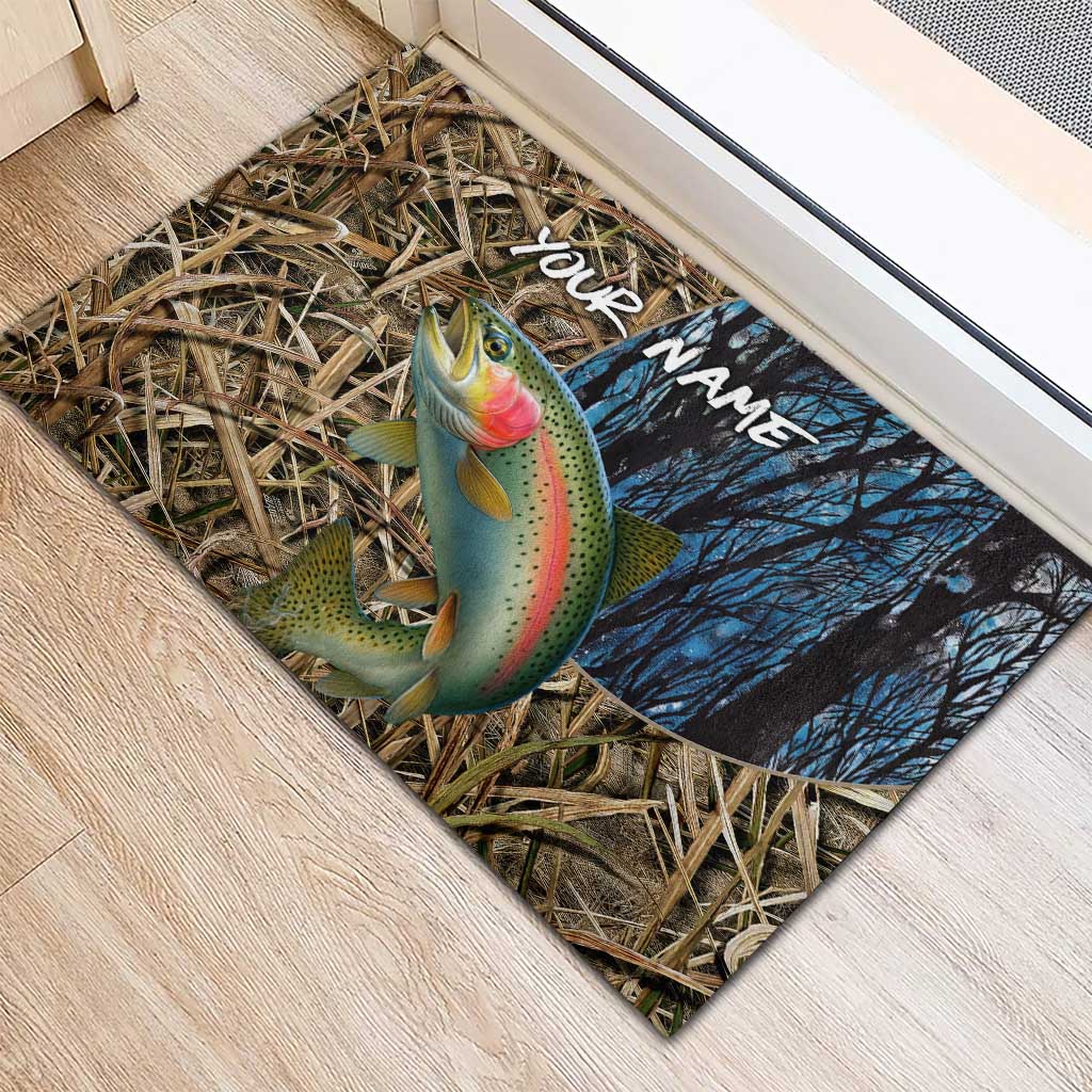 Rainbow Trout Fishing Rubber Doormat with Camouflage Reeds and Forest Background in Nature-Inspired Colors - Wonder Print Shop
