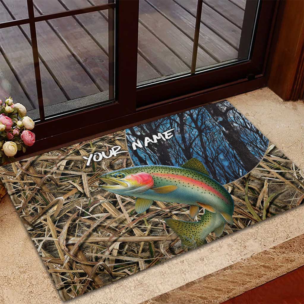 Rainbow Trout Fishing Rubber Doormat with Camouflage Reeds and Forest Background in Nature-Inspired Colors - Wonder Print Shop