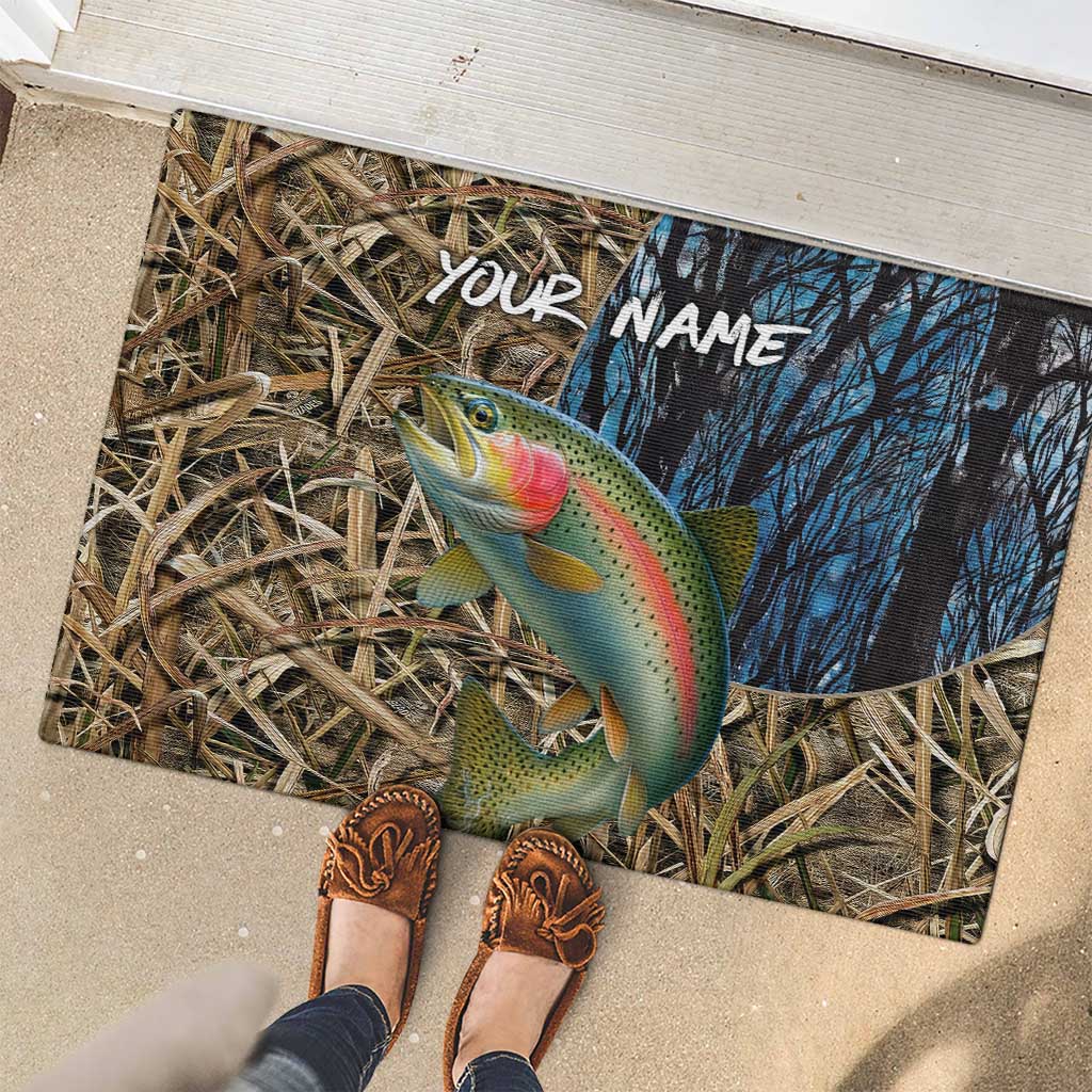 Rainbow Trout Fishing Rubber Doormat with Camouflage Reeds and Forest Background in Nature-Inspired Colors - Wonder Print Shop