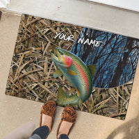 Rainbow Trout Fishing Rubber Doormat with Camouflage Reeds and Forest Background in Nature-Inspired Colors - Wonder Print Shop