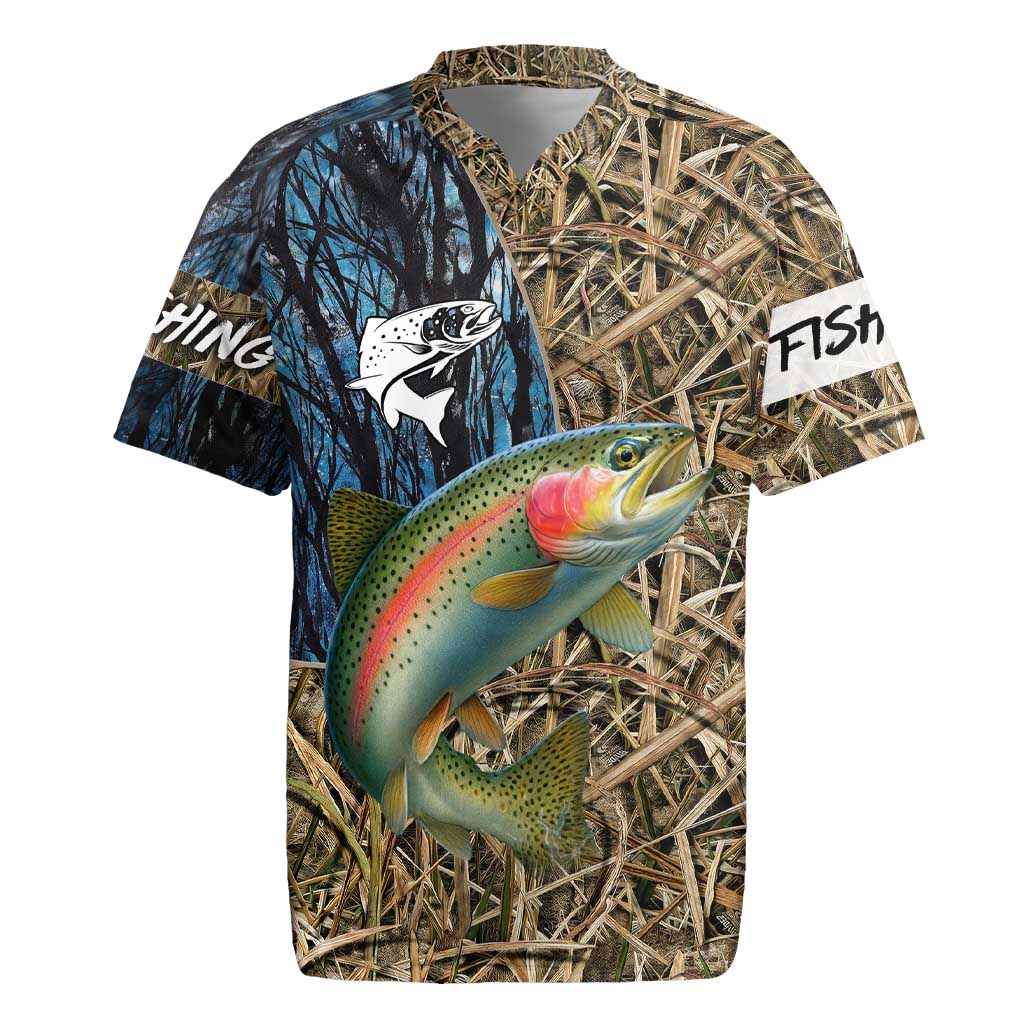 Rainbow Trout Fishing Rugby Jersey with Camouflage Reeds and Forest Background in Nature-Inspired Colors - Wonder Print Shop