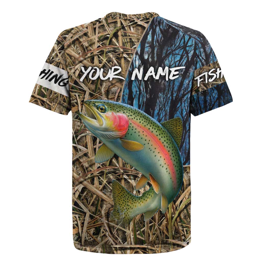 Rainbow Trout Fishing Rugby Jersey with Camouflage Reeds and Forest Background in Nature-Inspired Colors - Wonder Print Shop