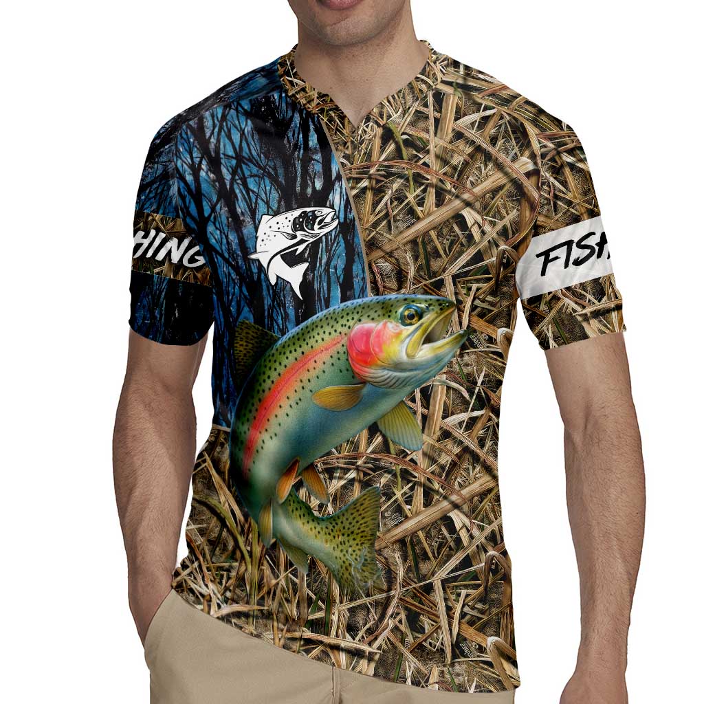 Rainbow Trout Fishing Rugby Jersey with Camouflage Reeds and Forest Background in Nature-Inspired Colors - Wonder Print Shop