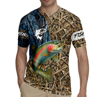 Rainbow Trout Fishing Rugby Jersey with Camouflage Reeds and Forest Background in Nature-Inspired Colors - Wonder Print Shop