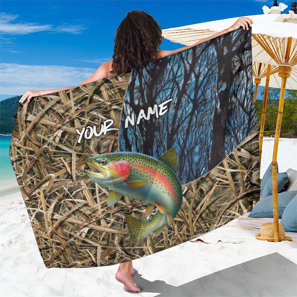 Rainbow Trout Fishing Sarong with Camouflage Reeds and Forest Background in Nature-Inspired Colors - Wonder Print Shop