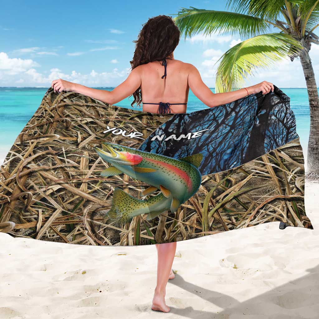 Rainbow Trout Fishing Sarong with Camouflage Reeds and Forest Background in Nature-Inspired Colors - Wonder Print Shop