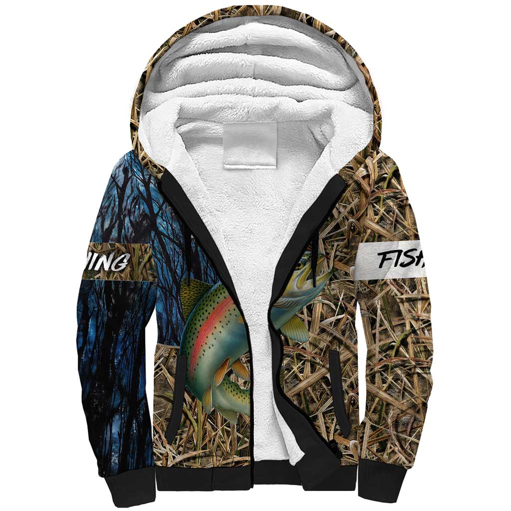 Rainbow Trout Fishing Sherpa Hoodie with Camouflage Reeds and Forest Background in Nature-Inspired Colors - Wonder Print Shop