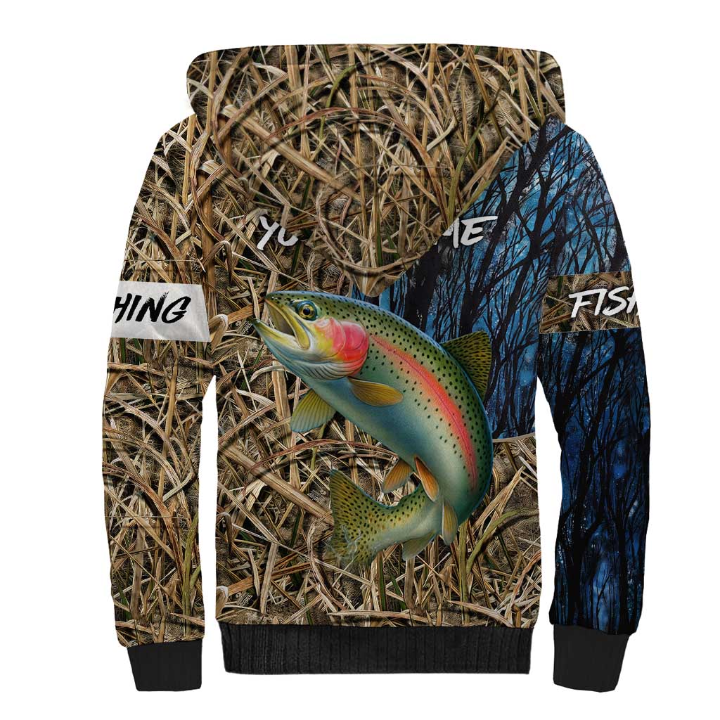 Rainbow Trout Fishing Sherpa Hoodie with Camouflage Reeds and Forest Background in Nature-Inspired Colors - Wonder Print Shop