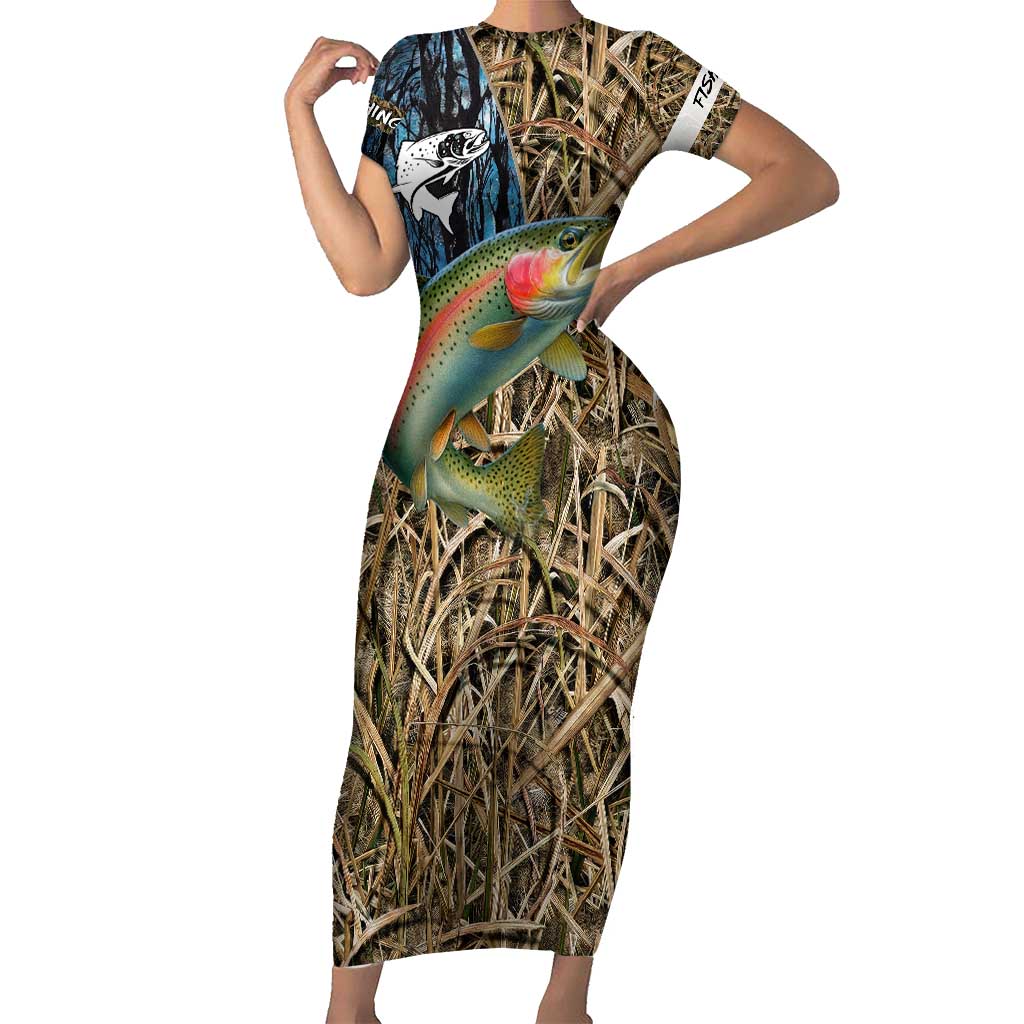 Rainbow Trout Fishing Short Sleeve Bodycon Dress with Camouflage Reeds and Forest Background in Nature-Inspired Colors - Wonder Print Shop