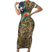 Rainbow Trout Fishing Short Sleeve Bodycon Dress with Camouflage Reeds and Forest Background in Nature-Inspired Colors - Wonder Print Shop