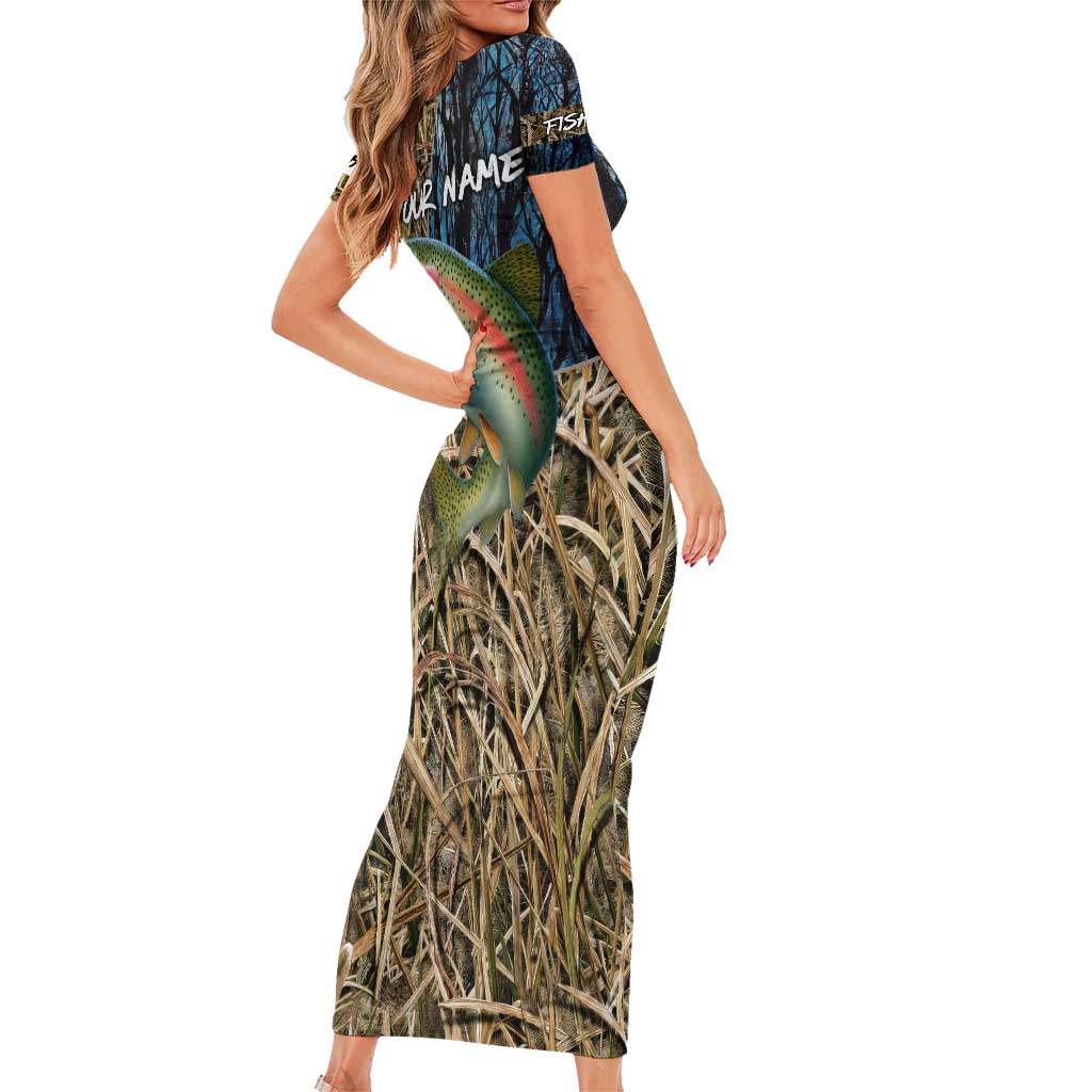 Rainbow Trout Fishing Short Sleeve Bodycon Dress with Camouflage Reeds and Forest Background in Nature-Inspired Colors - Wonder Print Shop