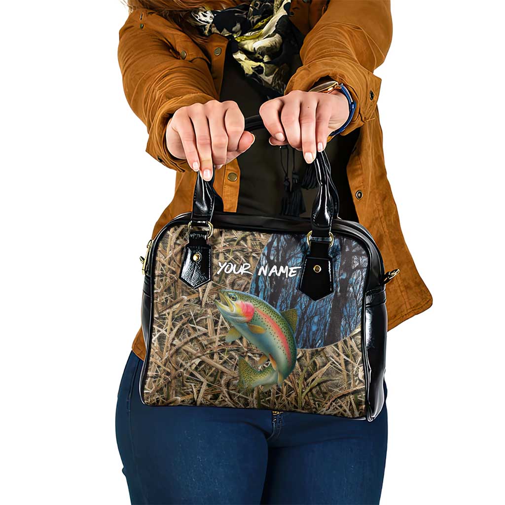 Rainbow Trout Fishing Shoulder Handbag with Camouflage Reeds and Forest Background in Nature-Inspired Colors - Wonder Print Shop
