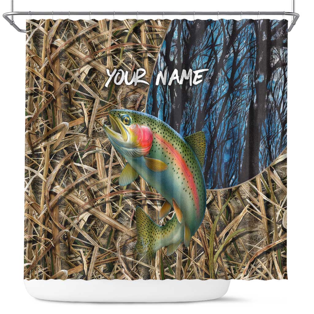 Rainbow Trout Fishing Shower Curtain with Camouflage Reeds and Forest Background in Nature-Inspired Colors - Wonder Print Shop