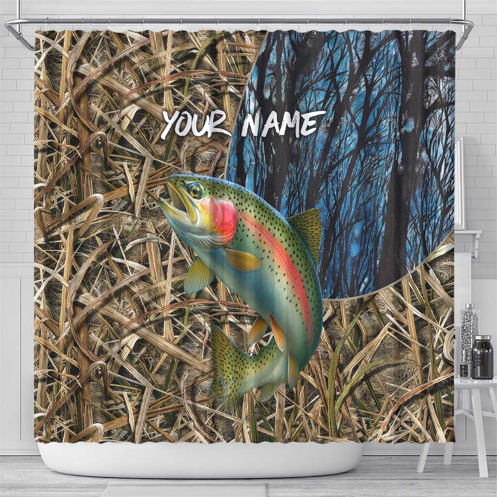 Rainbow Trout Fishing Shower Curtain with Camouflage Reeds and Forest Background in Nature-Inspired Colors - Wonder Print Shop
