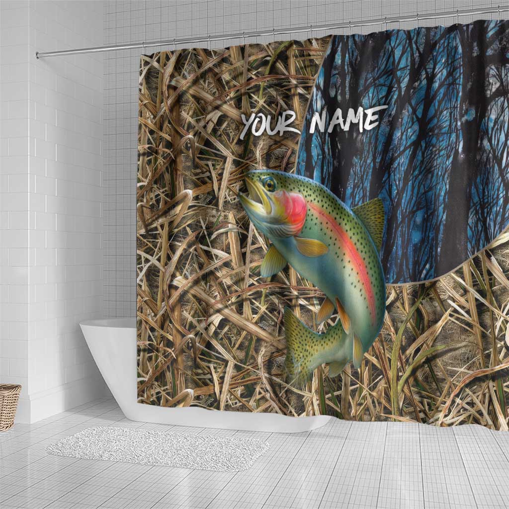 Rainbow Trout Fishing Shower Curtain with Camouflage Reeds and Forest Background in Nature-Inspired Colors - Wonder Print Shop