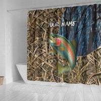 Rainbow Trout Fishing Shower Curtain with Camouflage Reeds and Forest Background in Nature-Inspired Colors - Wonder Print Shop