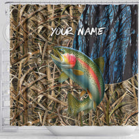 Rainbow Trout Fishing Shower Curtain with Camouflage Reeds and Forest Background in Nature-Inspired Colors - Wonder Print Shop